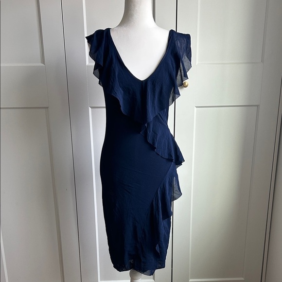 Fuzzi Blue Mesh Dress With Ruffles | M - Picture 4 of 6